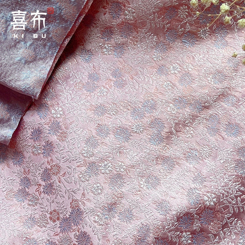 Pink Japanese Kinran Fabric: Silk Brocade Flower Blossom, Kimono Fabric