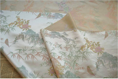 Bamboo Leaf Brocade Fabric: Japanese Bird & Butterfly Silk, 59"W