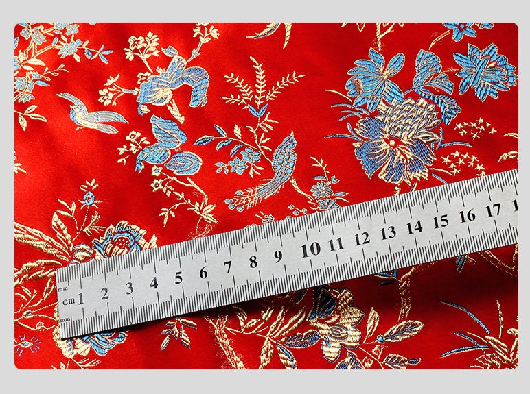 Red Brocade Fabric: Bird Peony Jacquard, Cheongsam Sewing Material (29.5" W)