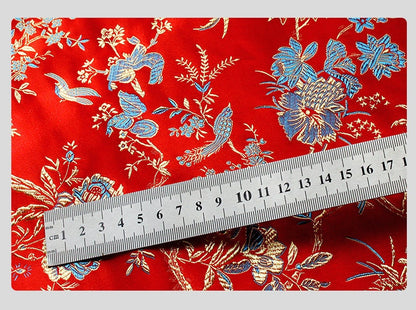 Red Brocade Fabric: Bird Peony Jacquard, Cheongsam Sewing Material (29.5" W)