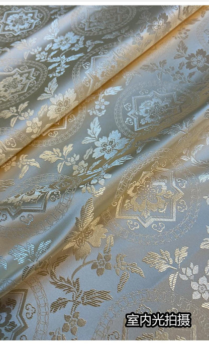 Milky White Silk Brocade Fabric: Metallic Dunhuang Pattern, 29.5" Wide