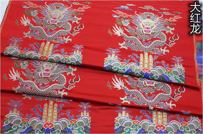 Gold Flying Dragon Fabric: Red & Gold Brocade Silk Rayon Blend (29"W)