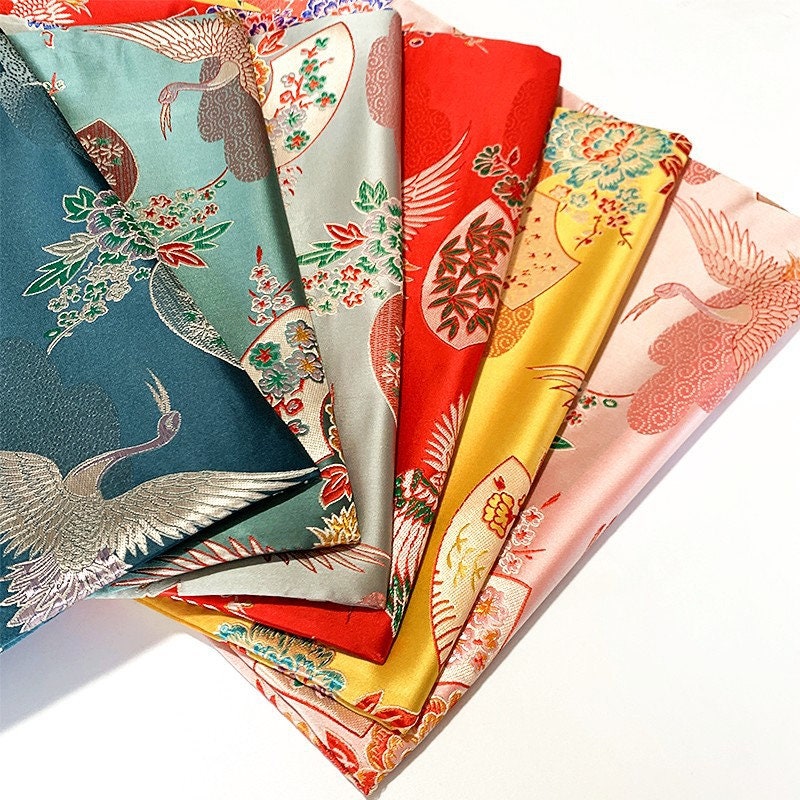 Nishijin Japanese Brocade Fabric: Crane & Fan Jacquard Silk Rayon Blend (57"W)