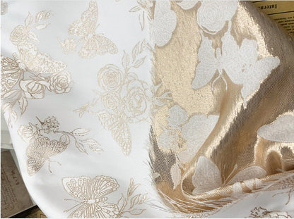 Gold Butterfly Jacquard Fabric: 59"W Beige Rayon Dress Fabric