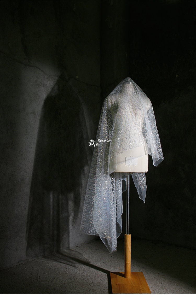 Mermaid Wave Mesh Fabric, Sequin Fish Scale Embroidery, 59" Wide