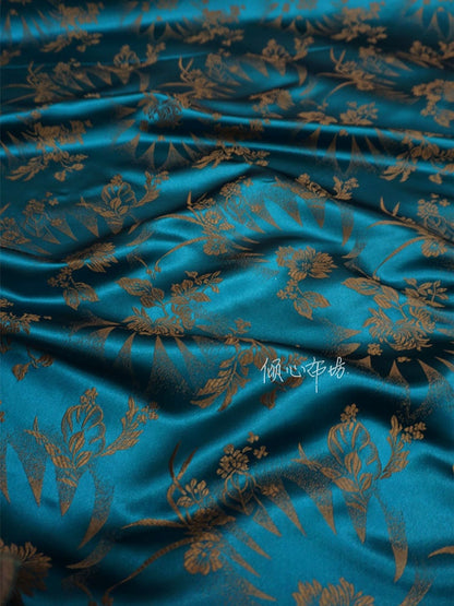 Tissu brocart de soie turquoise : Damas à fleurs de café, 75 cm de large