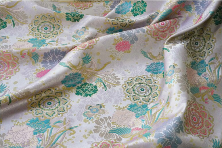 Beige Phoenix Song Brocade Fabric: 67"W Silk Rayon Blend