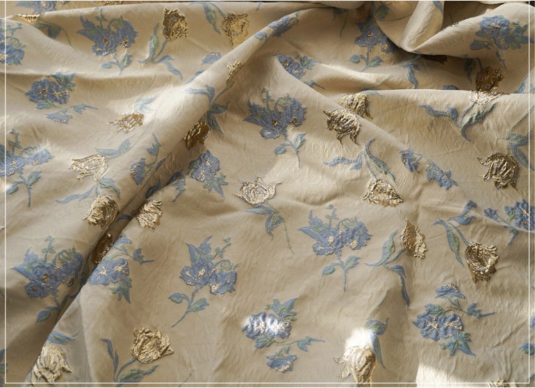 Golden Magnolia Jacquard Fabric: Embossed 3D Designer Fabric, 55" Wide