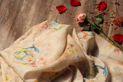 Floral Bird Print Ramie Fabric: Soft Breathable Textile, 55" Wide