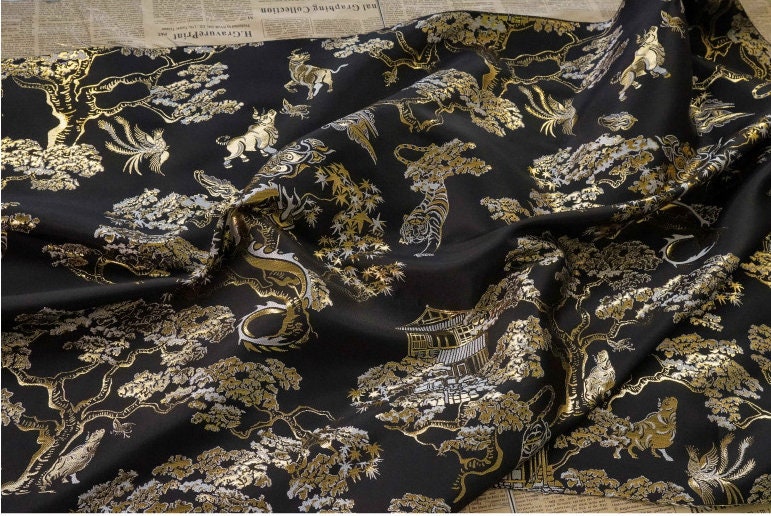 Gold Thread Jacquard Fabric: 3D Embossed Woven Material, 63"W