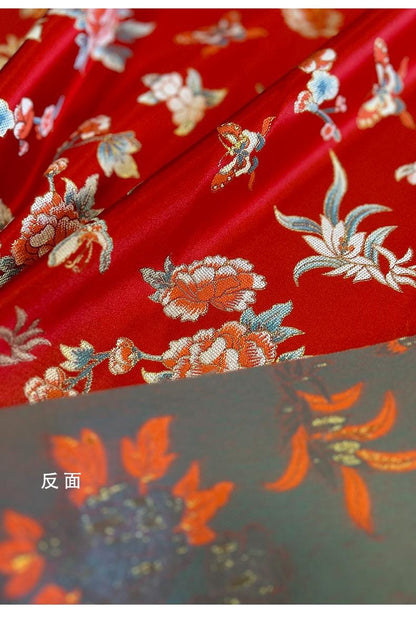 Red Phoenix Brocade Fabric: Floral Jacquard Satin, 58"W