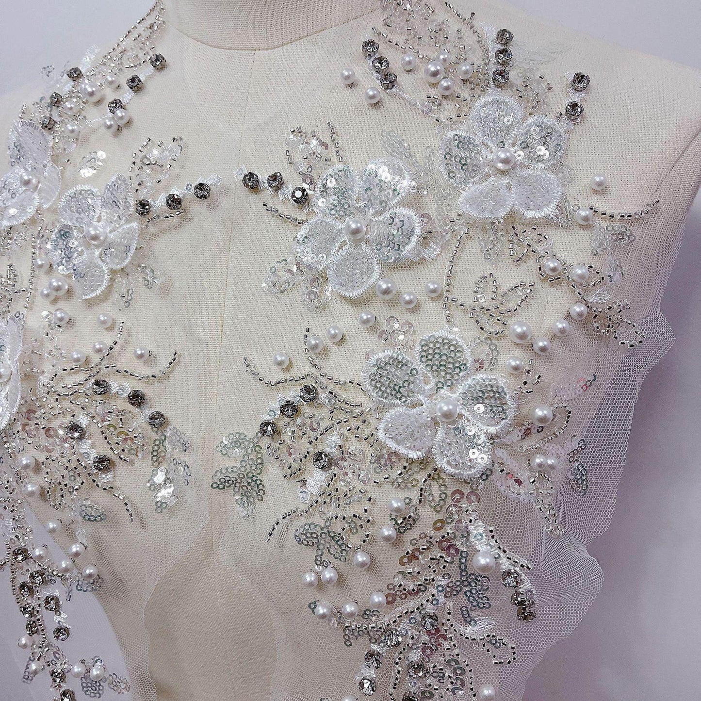 Embroidered Lace Trim: Light Ivory Bridal Applique with Sequins (By Pair)