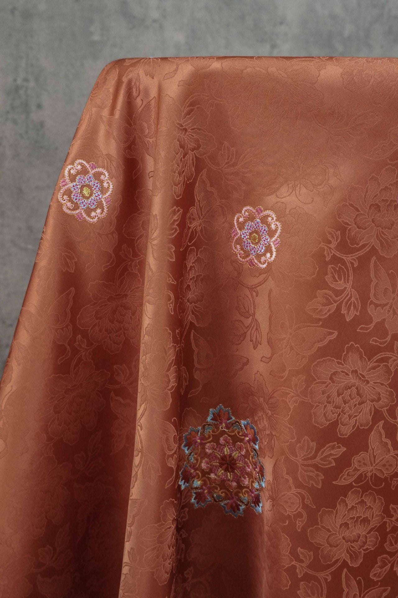 Embroidered Lotus Silk Brocade Fabric: Tibetan Robe, Cheongsam Sewing Material