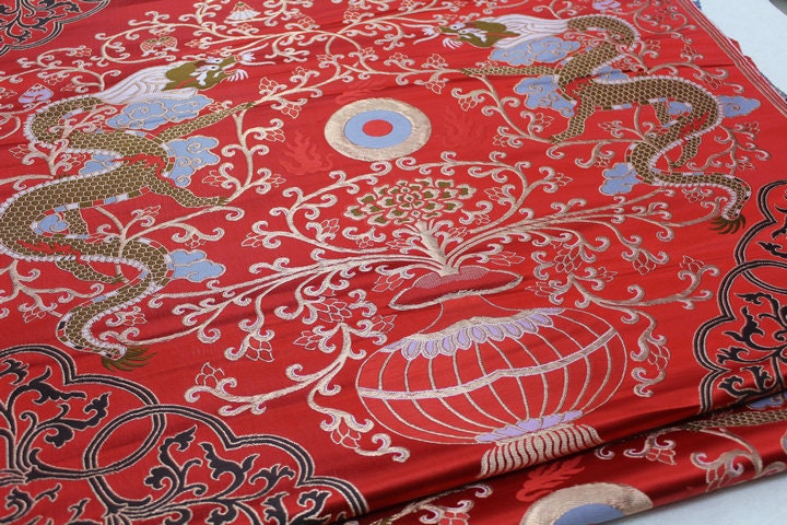 Red Dragon Brocade Fabric: Chinese Cheongsam, Tibetan Robe (Silk/Rayon)