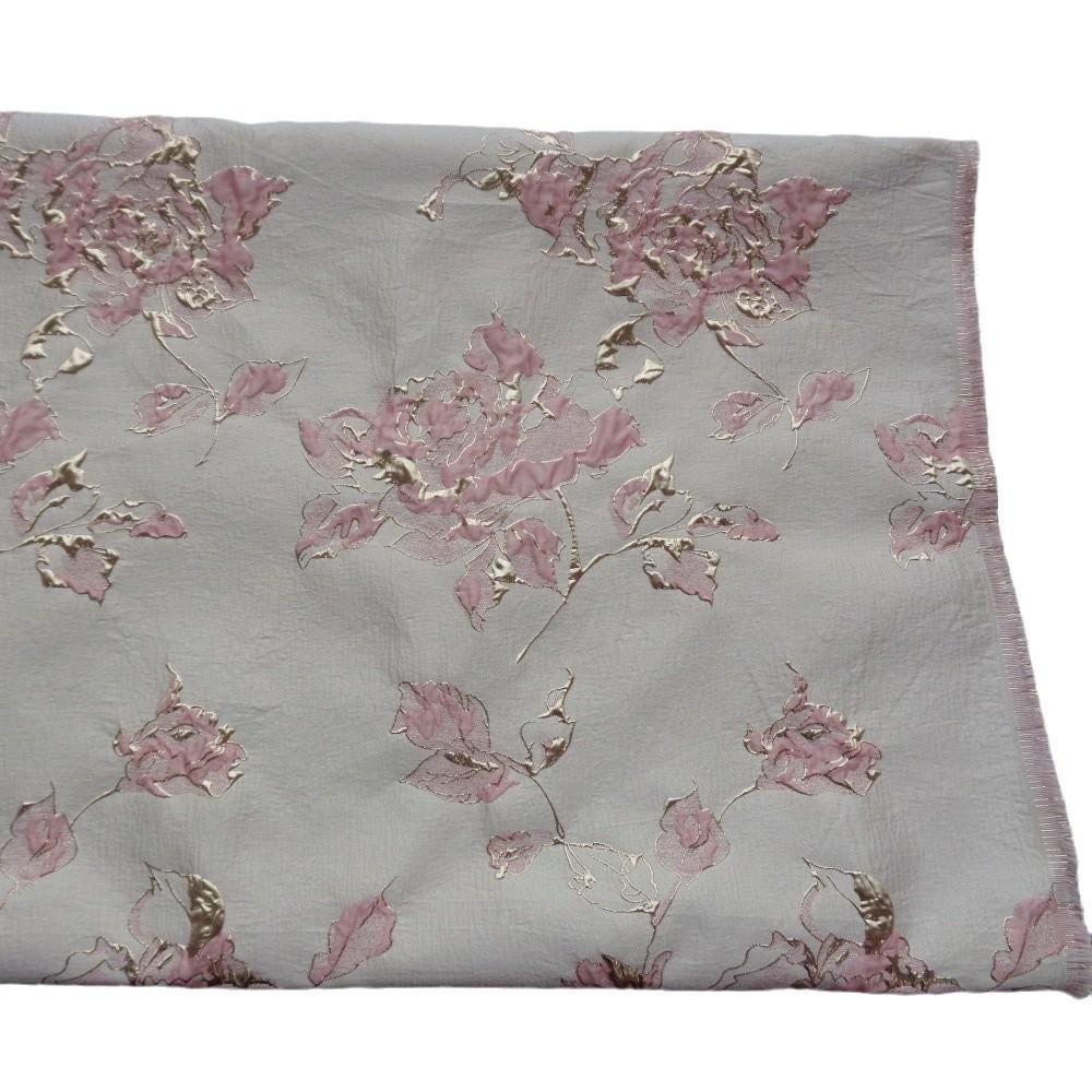 Pink Peony Gold Foil Jacquard Fabric: Chenille Upholstery, Quilting - 56"W
