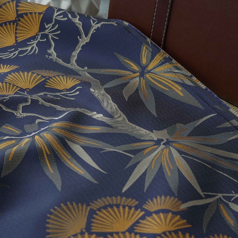 Dark Blue Ginkgo Jacquard Fabric: Polyester Upholstery & Dress Material