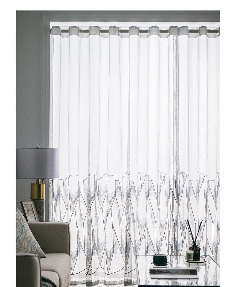 Tissu pour rideaux brodé géométrique : Voile moderne en polyester transparent