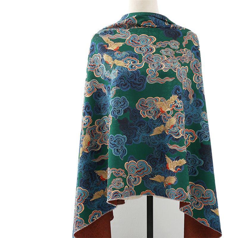 Ancient Xiangyun Tea Silk Satin Fabric: Crane & Cloud Print, 59"W