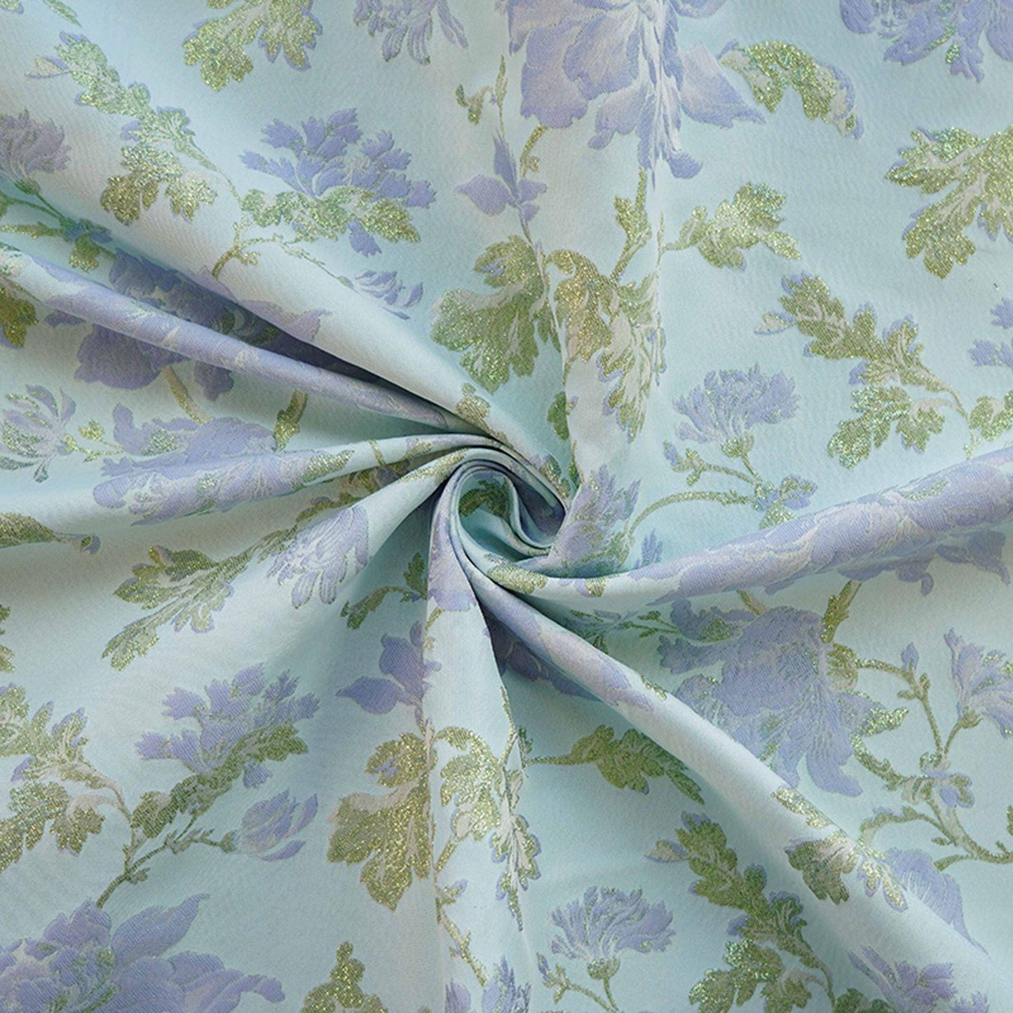 Blue Floral Jacquard Fabric with Gold Foil: 63" Wide Upholstery Fabric