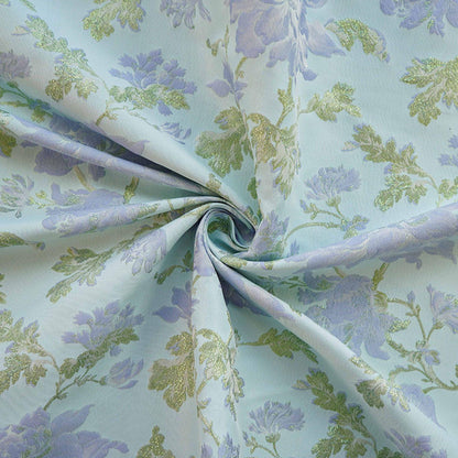 Blue Floral Jacquard Fabric with Gold Foil: 63" Wide Upholstery Fabric