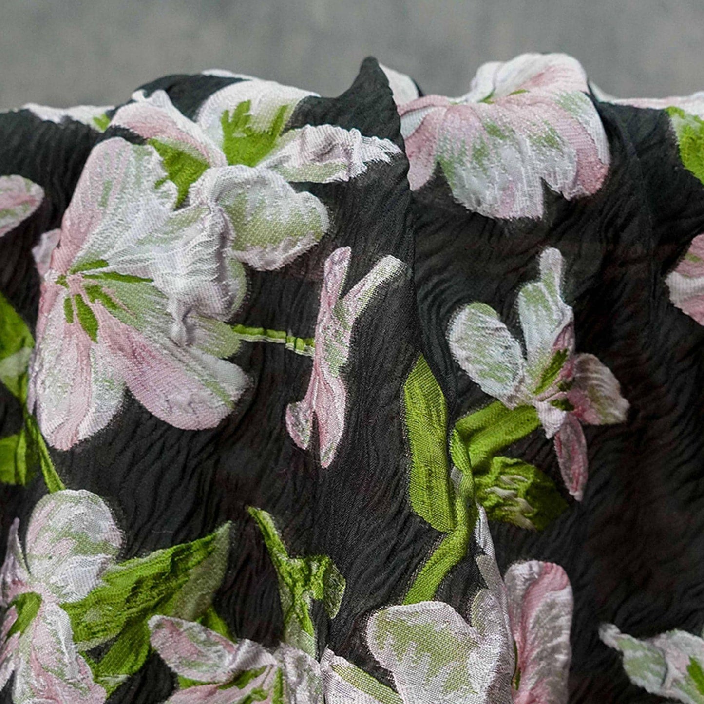 Black Embossed Floral Jacquard Fabric: Pink Flower Brocade, 55" Wide