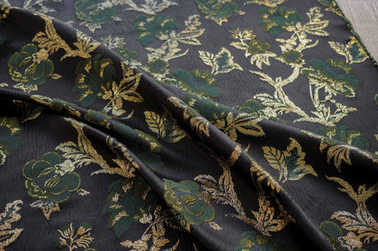 Gold Thread Jacquard Fabric: Dark Green Floral Upholstery, 59" Wide