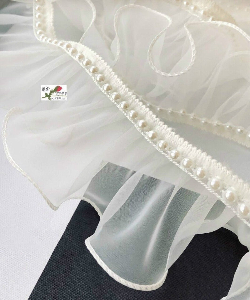 Embroidered Lace Organza Fabric with Pearls - 2.4" Wide