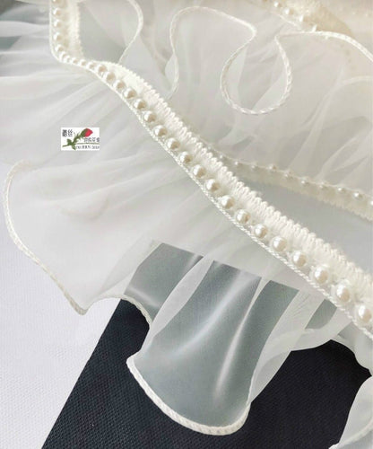 Embroidered Lace Organza Fabric with Pearls - 2.4" Wide