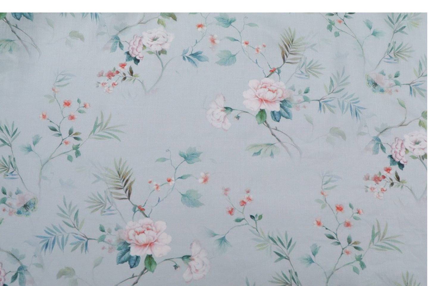 Floral Ramie Fabric: Light Blue Ink Print, 55" Wide, Natural Fiber