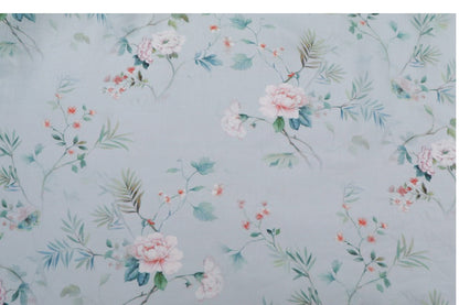 Floral Ramie Fabric: Light Blue Ink Print, 55" Wide, Natural Fiber