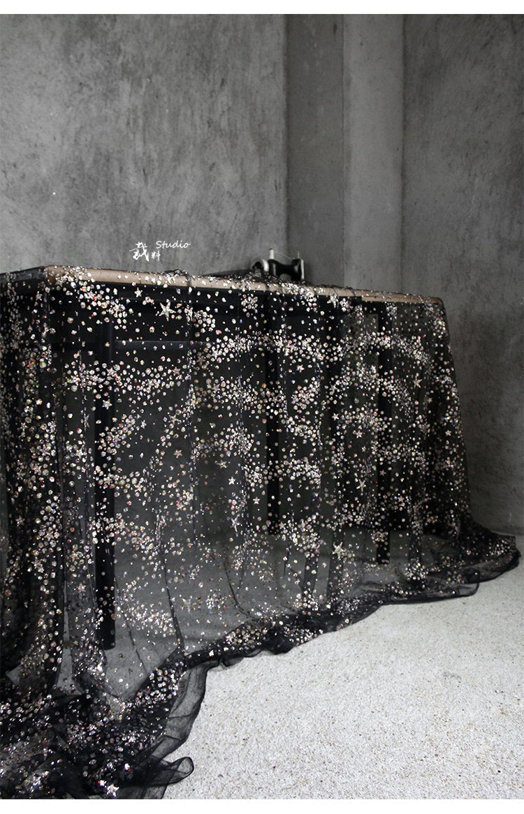 Galaxy Organza Fabric: Bling Sequins, Rhinestones - 63"W