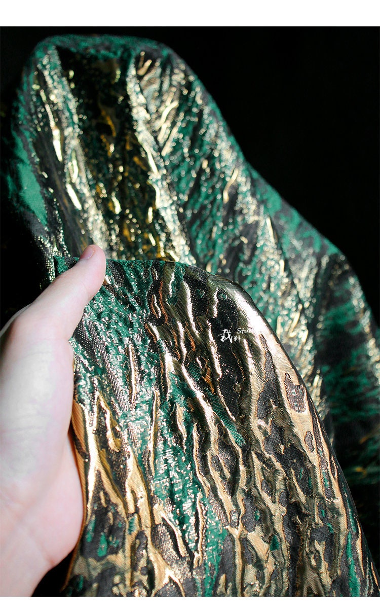 Medieval Green Gold Jacquard Fabric: Shiny Texture, Upholstery & Sewing, 56" Wide