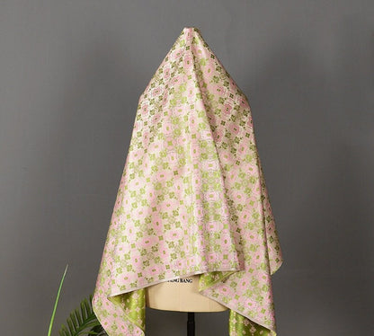 Floral Silk Brocade Fabric: 59"W Pink & Green Upholstery Material