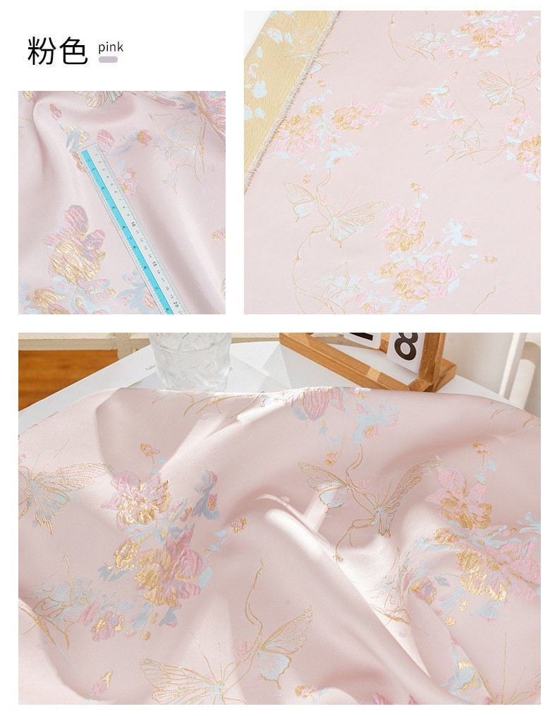Tissu jacquard papillon à fil doré : texture 3D, largeur 142 cm