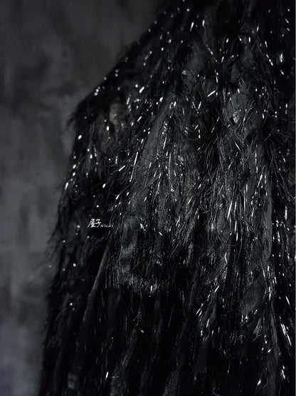 Black Jacquard Gauze Fabric: Tassel Trim, Hand-Cut DIY Sewing
