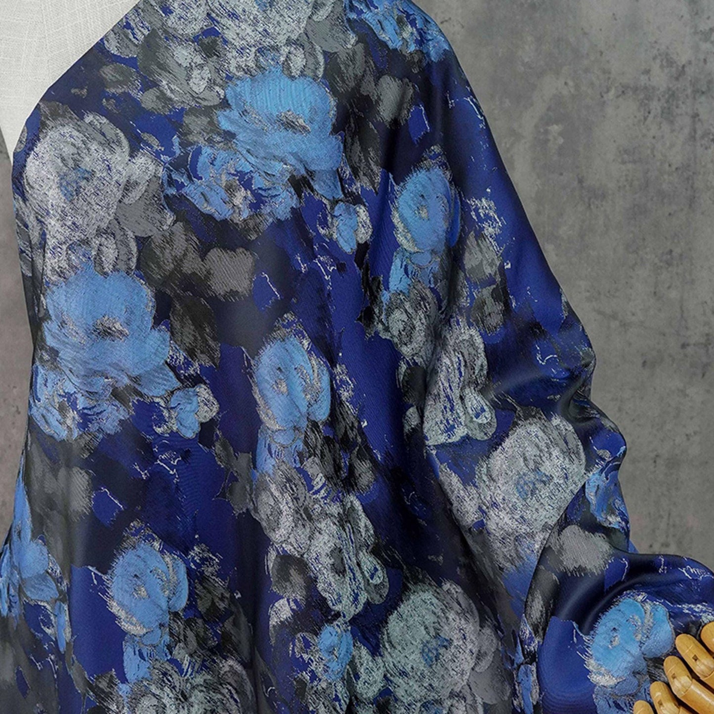 Blue Floral Brocade Fabric: Ink Painting Design, 60" Wide