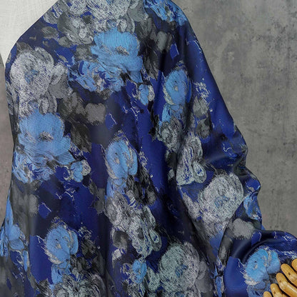 Blue Floral Brocade Fabric: Ink Painting Design, 60" Wide