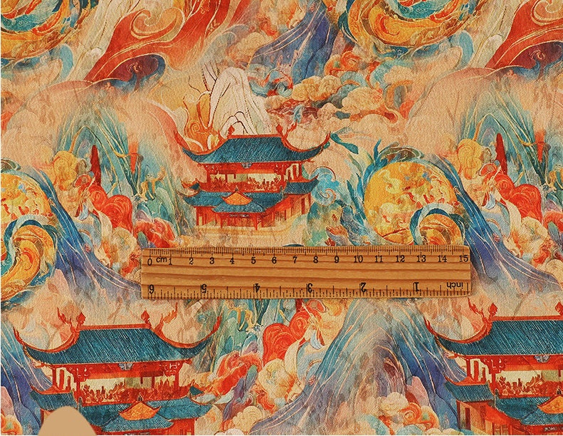 Red Cloud Yarn Flower Fabric: Ancient Painting Style, 59" Wide