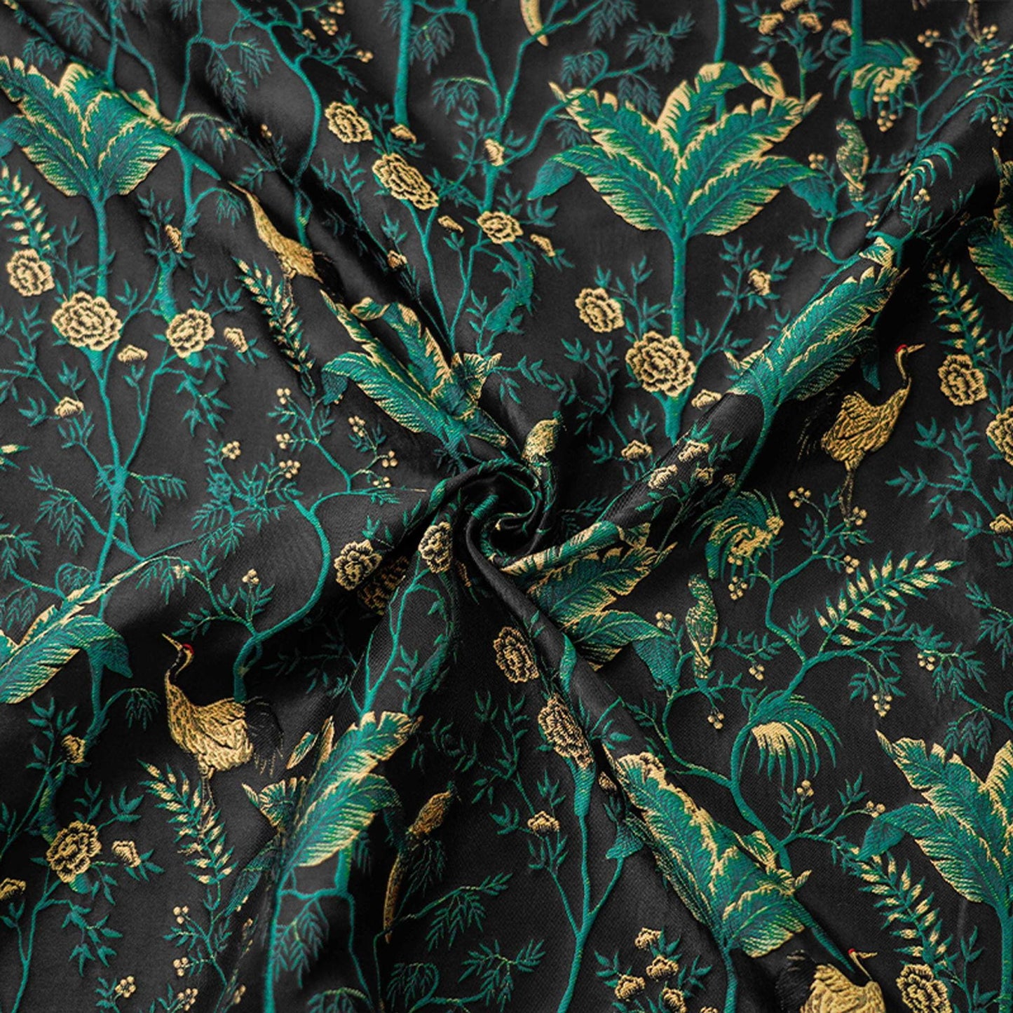 Dark Green Jacquard Fabric: Gold Thread 3D Designer Fabric, 65" Wide