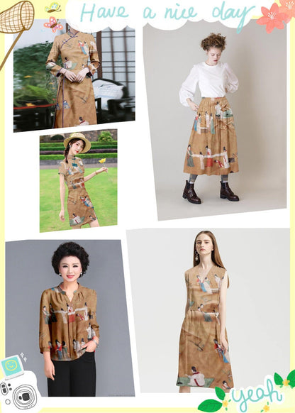 Tang Dynasty Style Linen Fabric: Court Ladies Sewing Silk (55"W)