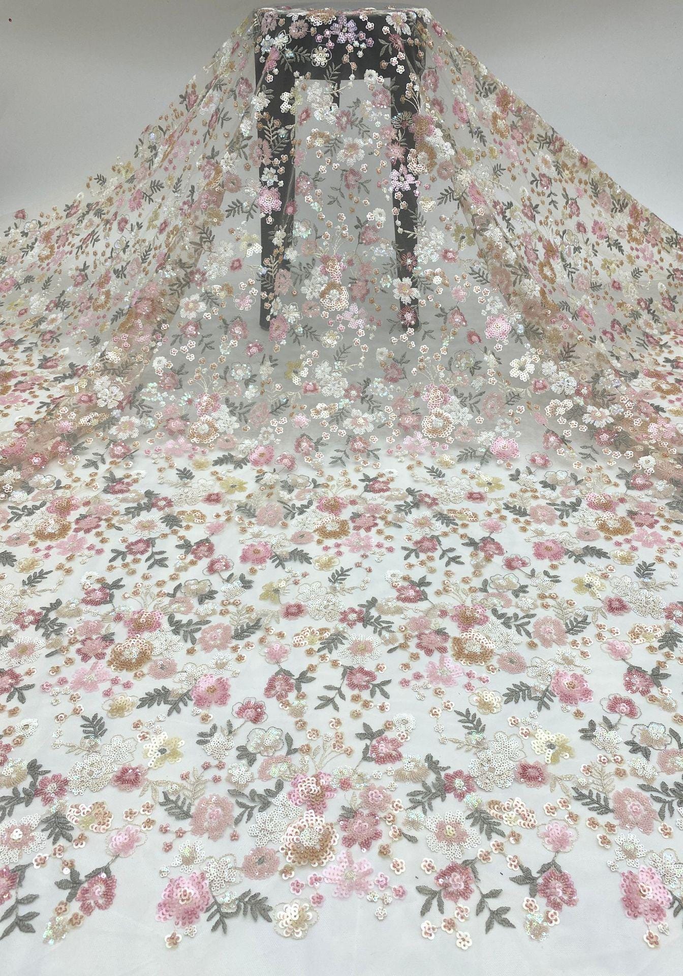 Floral Sequin Embroidered Mesh Lace Fabric, Pink Girly Dress, 49"W