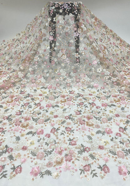 Floral Sequin Embroidered Mesh Lace Fabric, Pink Girly Dress, 49"W
