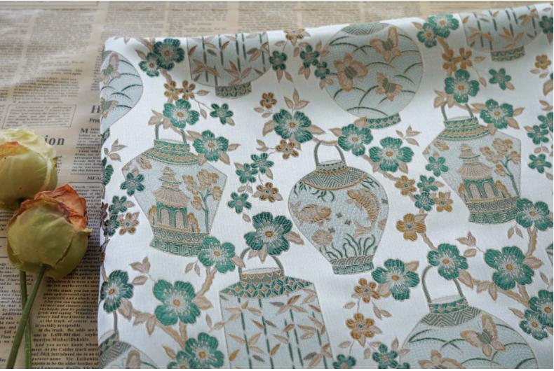 Jacquard Brocade Fabric: Chinese Floral Vase Design, 65" Wide