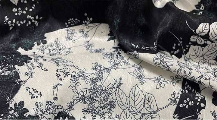 Floral Herringbone Satin Fabric: Black & White Print, 59" Wide