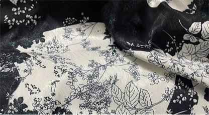 Floral Herringbone Satin Fabric: Black & White Print, 59" Wide