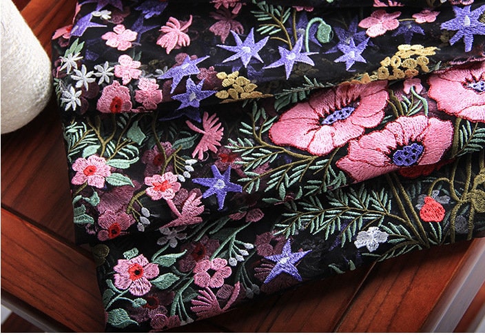 Floral Embroidered Lace Fabric: Pink, Red, Gold Flowers on Black Net (43"W)