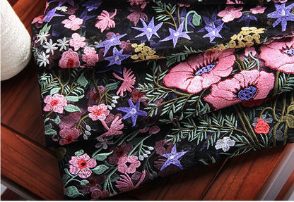 Floral Embroidered Lace Fabric: Pink, Red, Gold Flowers on Black Net (43"W)