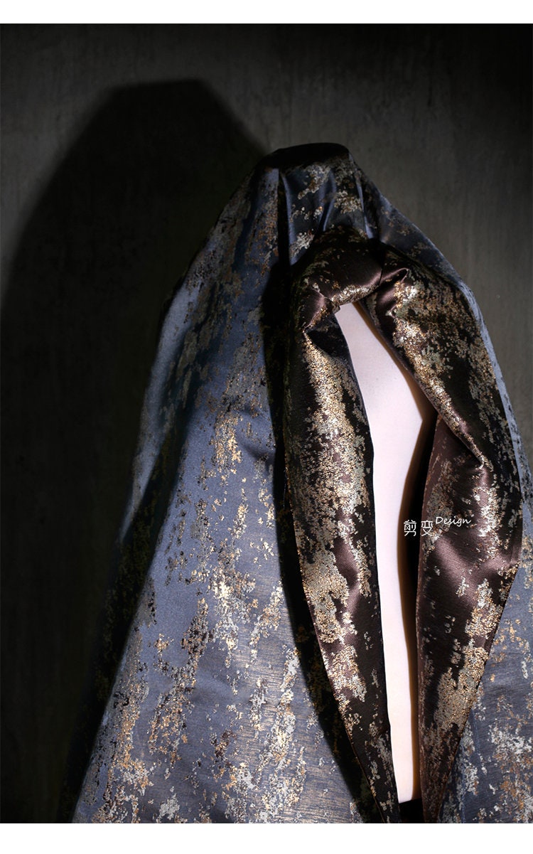 Gilt Jacquard Fabric: Gray Blue Embossed Silk Texture, 59"W