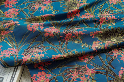 Gold Thread Jacquard Woven Fabric: 3D Teal Floral Embossed Upholstery, Costume, Sewing - 62"W