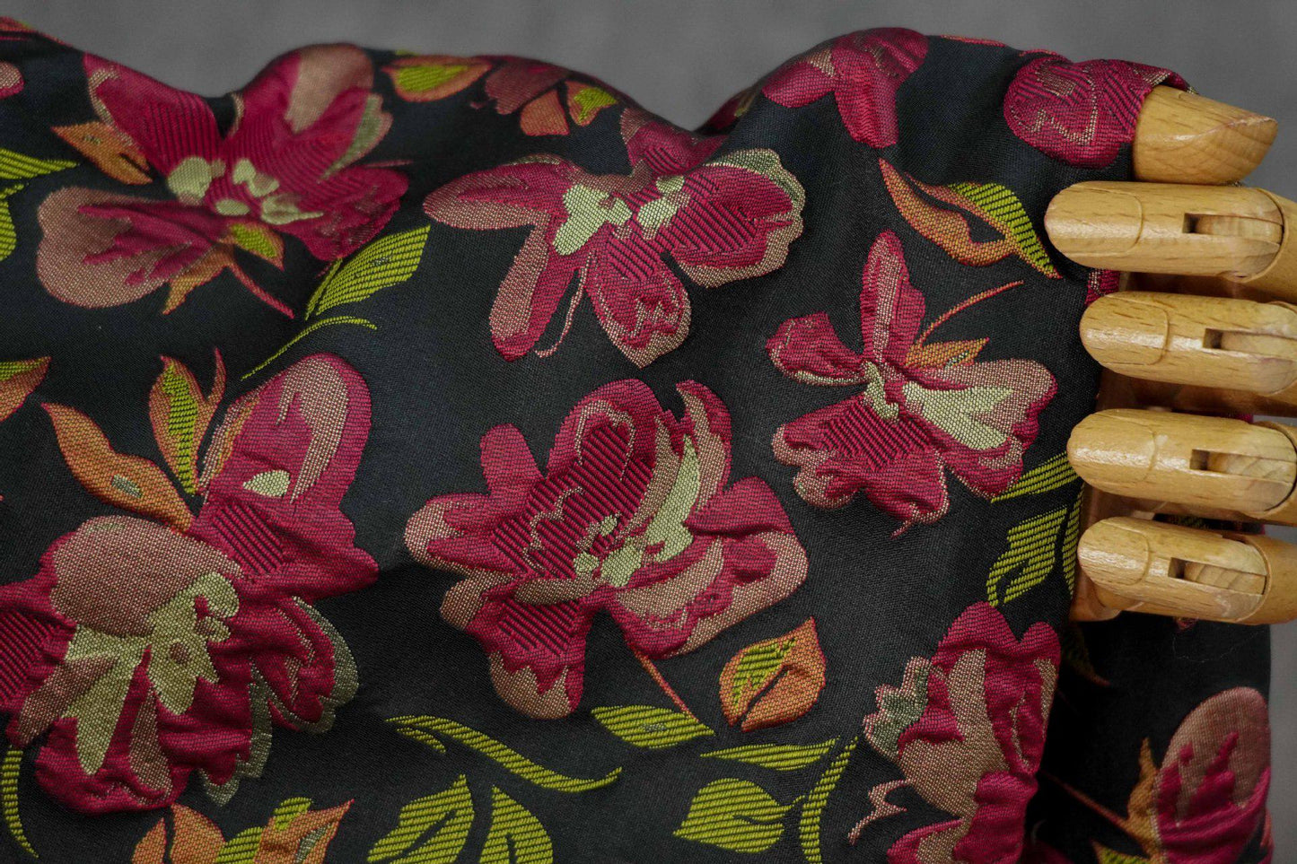 Embossed Floral Jacquard Fabric ��� Black & Pi" Wide